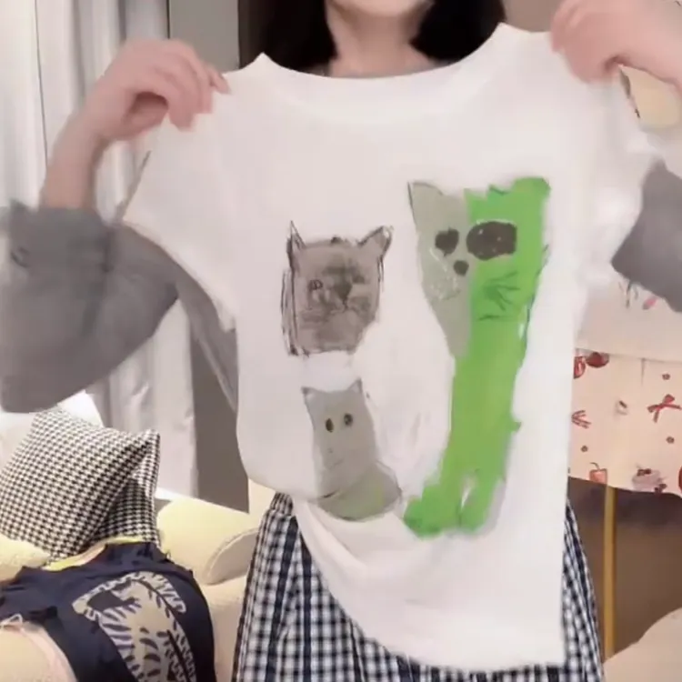 流行款卡通印花圆领短袖T恤上衣女2025夏季新款时尚百搭上衣圆领