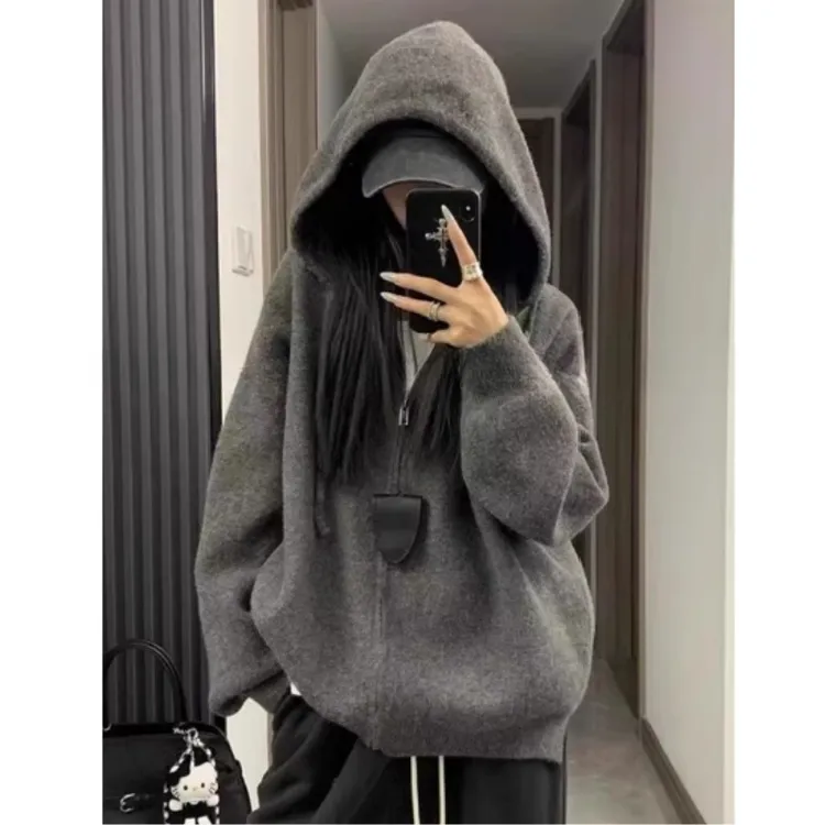 秋冬韩系连帽灰色拉链毛衣女2025新款内搭慵懒高级感开衫卫衣外套