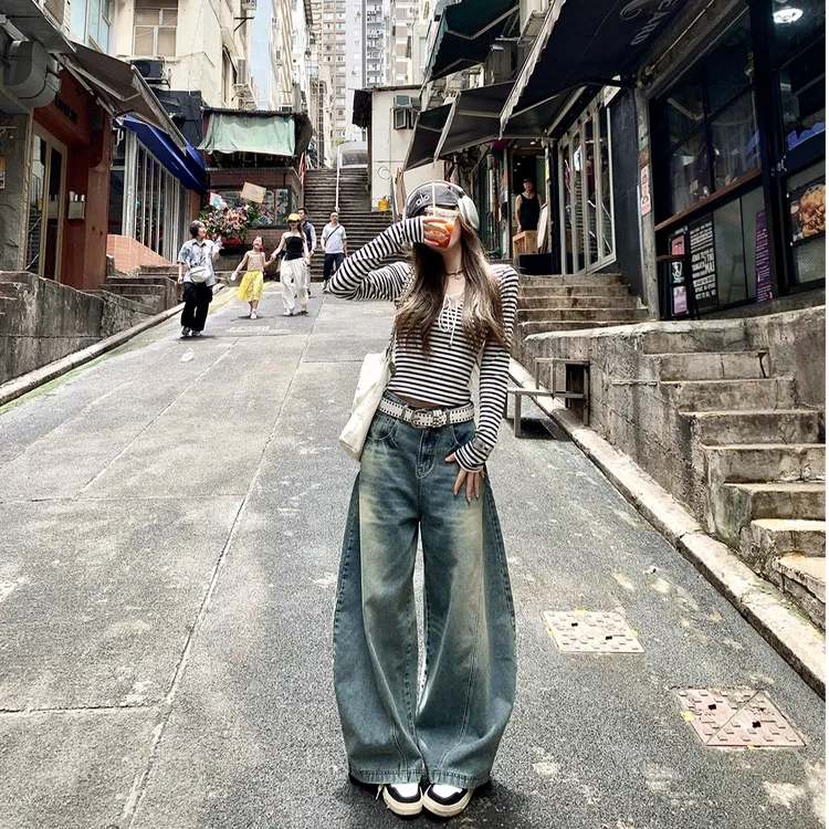 2025秋季修身系带蕾丝拼接条纹T恤长袖打底衫女复古弯刀裤牛仔裤