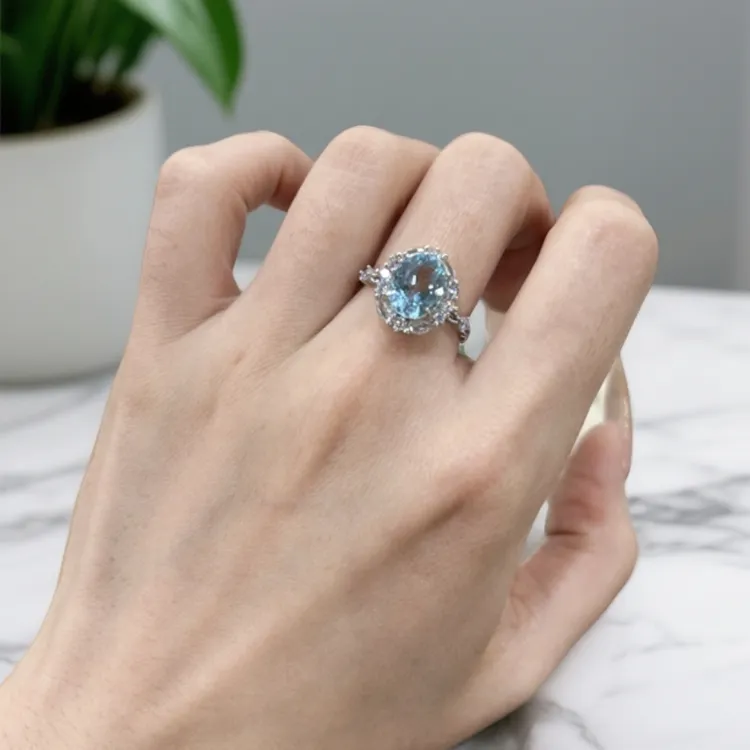 爆款繁花925银托镶嵌托帕石蛋面戒指活口可调节