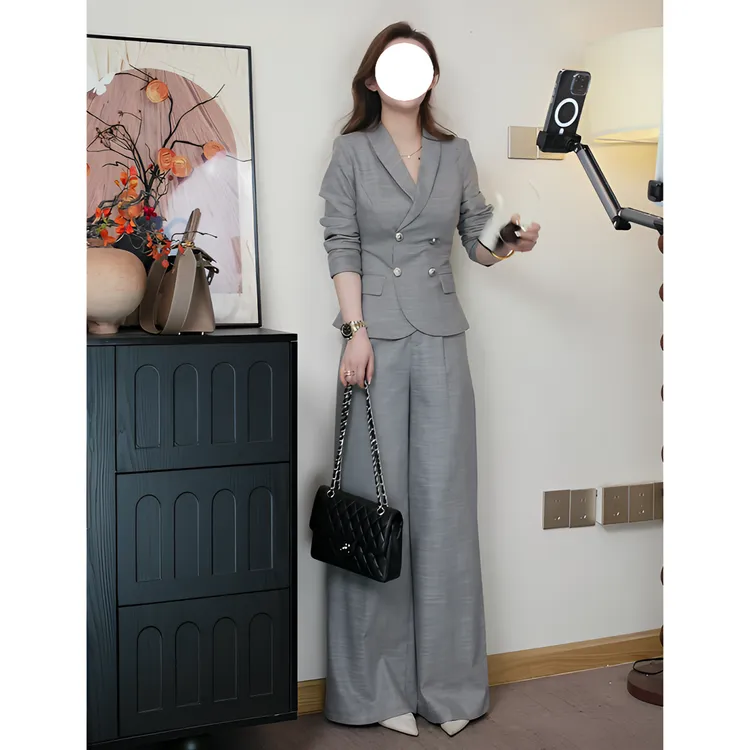 高贵气场轻奢强大女装2025春季新款西装修身显瘦女直筒裤两件套装