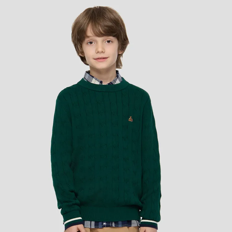 Gap男童2025秋季新款纯棉小熊刺绣绞花圆领针织衫儿童装805873