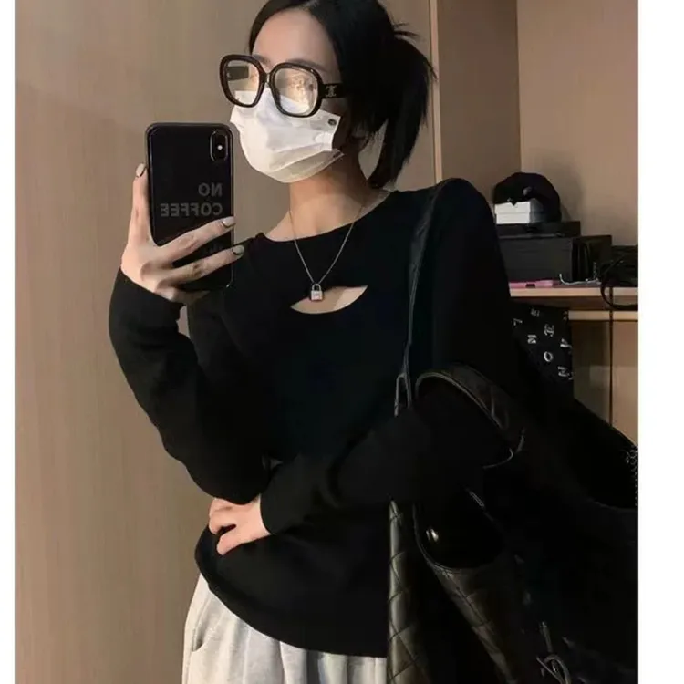【清货】2025秋季新款镂空正肩长袖t恤女内搭打底衫上衣7042