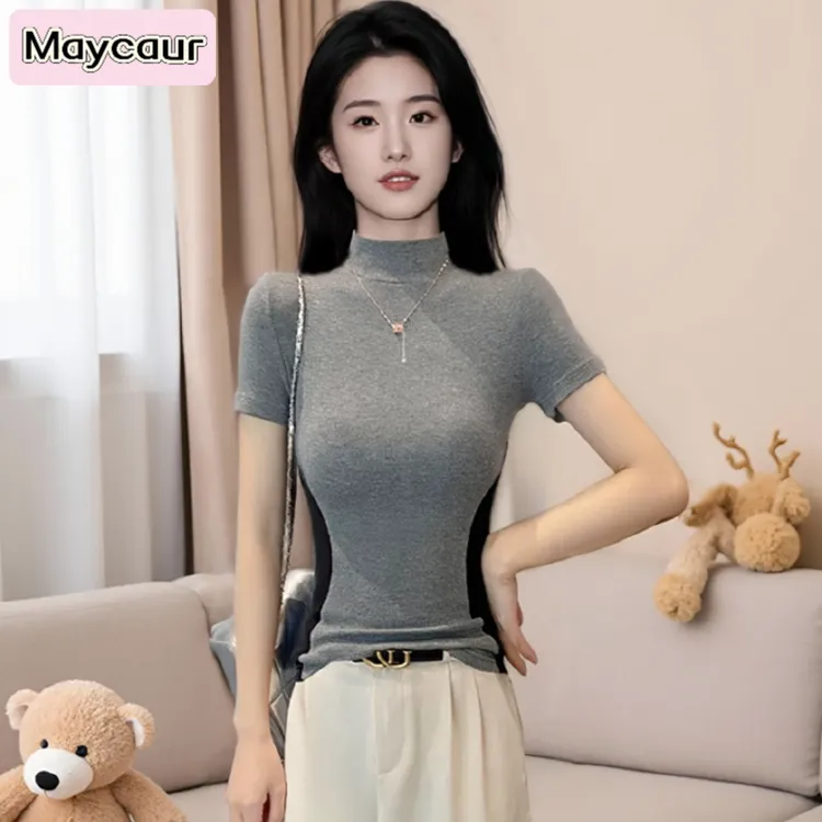 Maycaur春夏百搭灰色螺纹半高领拼色短袖T恤女修身显瘦打底衫ins