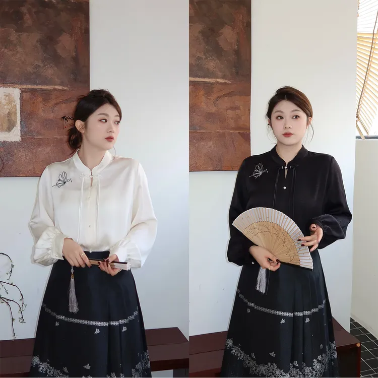 裂渡宣宣【杏色缱绻】微胖大码女秋百搭气质显瘦新中式衬衫ZY507F51