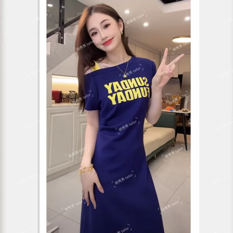 套头拼接气质短袖女装休闲印花字母夏季连衣裙显瘦