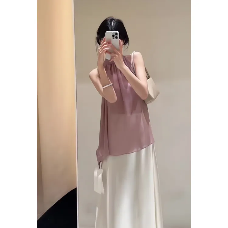 法式气质小吊带背心女挂脖无袖搭配月光中长裙包臀鱼尾裙两件套装