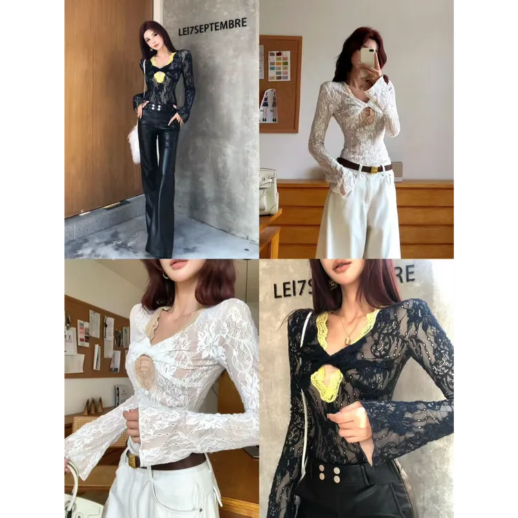 婉君【自发热设计感蕾丝打底】带弹性双层蕾丝钩花上衣LWJ25D4T4284