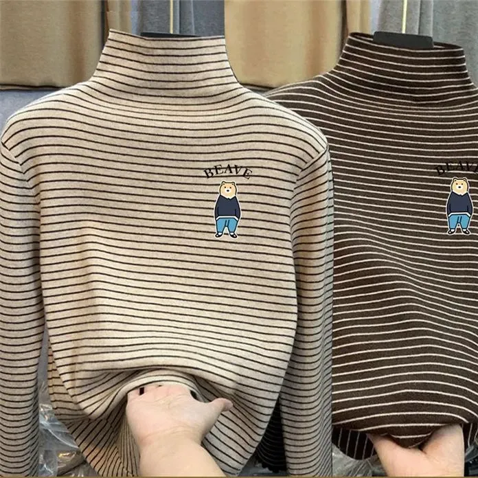 男女童秋冬季宝宝2025条纹打底衫儿童保暖德绒长袖T恤半高领上衣