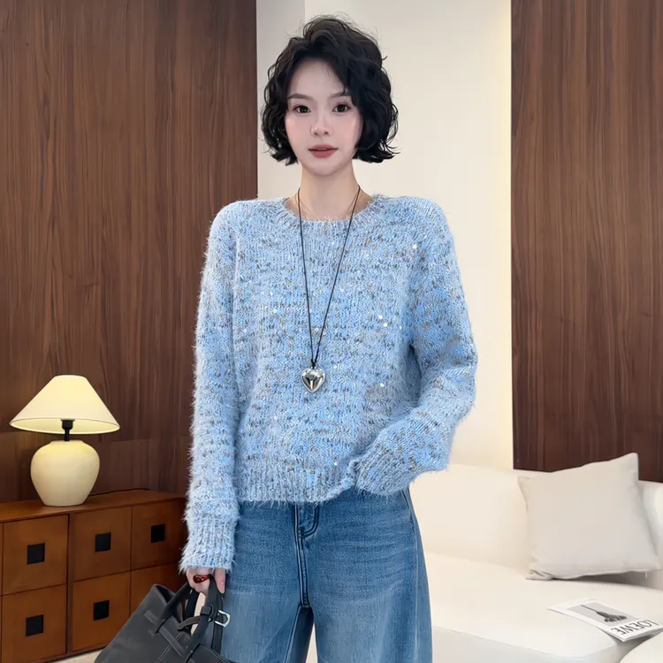 欧尼私服2025秋冬新款韩系秋冬细闪针织衫圆领慵懒风2512C8995