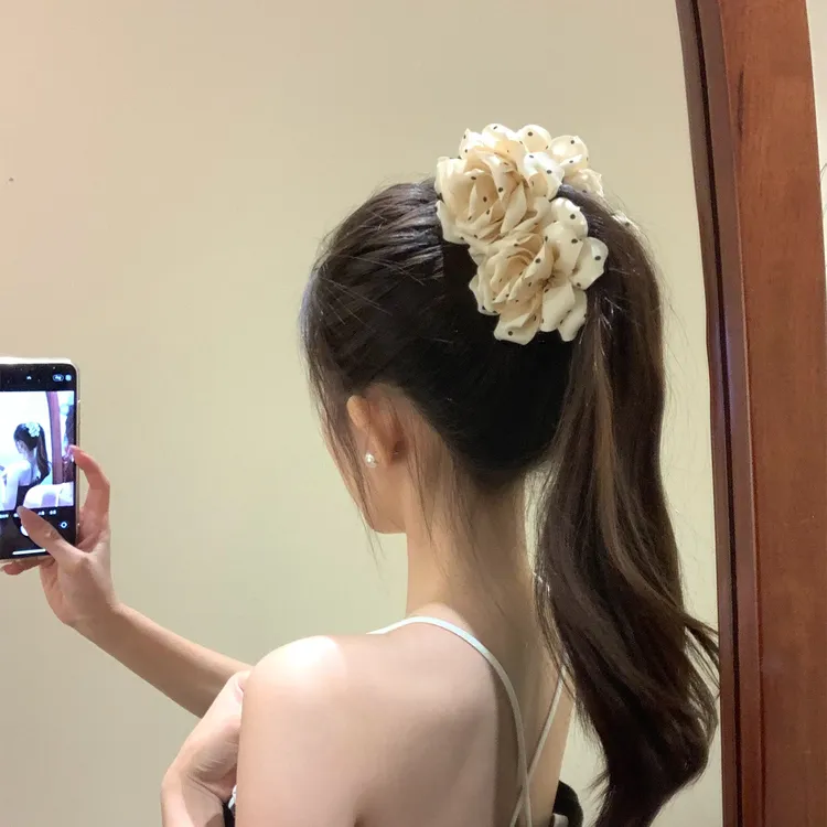 白色波点玫瑰花朵香蕉夹后脑勺横夹低马尾抓夹女2025新款半扎发夹