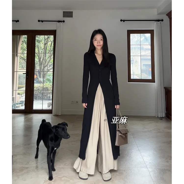 郭九九呢 显瘦气质百搭针织开衫亚麻垂感松紧腰阔腿裤裙G9C346668