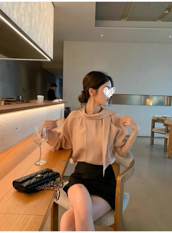 2025新款早秋韩系高级感一字飘带领系扣粉色气质长袖衬衫女