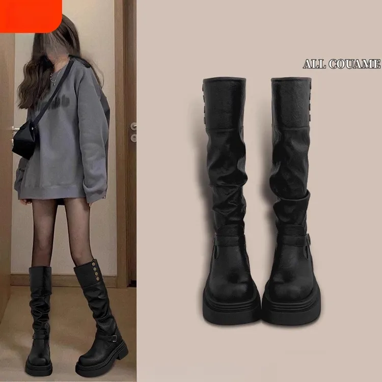 卓诗尼【断码清仓】秋冬厚底长筒靴女2025新款加绒增高粗腿骑士靴女