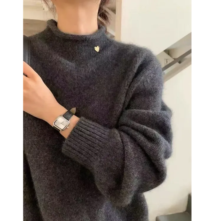 【卷边爱心金扣】韩代原单~冬季加厚新半高领卷边轻奢风针织毛衣女