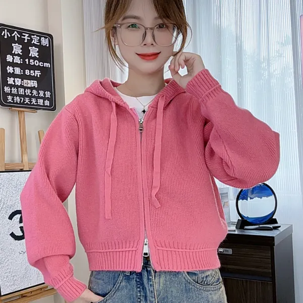 小个子短款加厚连帽毛衣女2025秋冬休闲带帽纯色拉链开衫针织外套