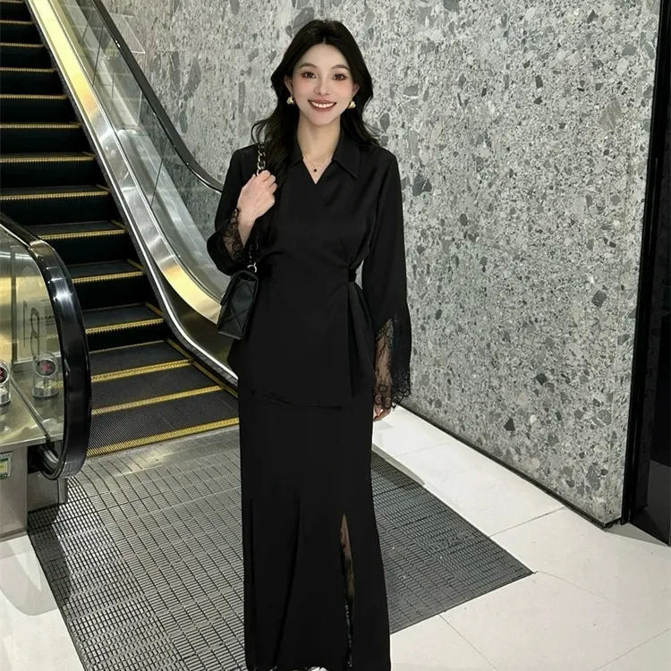 大码女夏季休闲风法式蕾丝花边上衣性感时尚高腰气质收腰长裙套装
