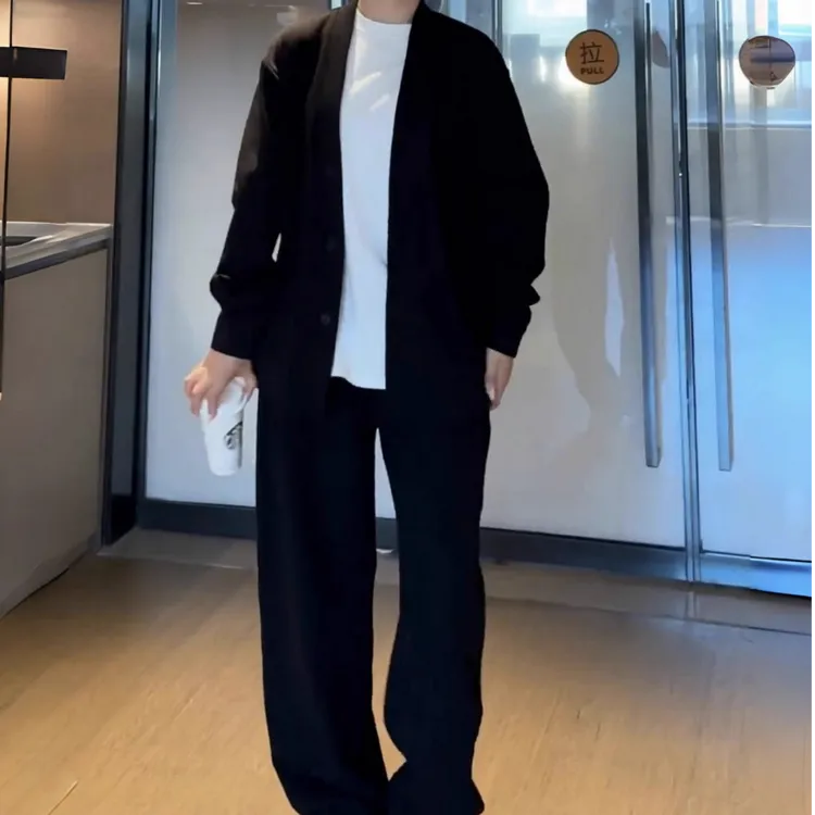 男秋冬复古慵懒风休闲套装简约纯色开衫外套阔腿直筒裤显瘦两件套