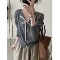 蕾丝蝴蝶气质宽松法式针织开衫女毛衣外套蝴蝶结上衣