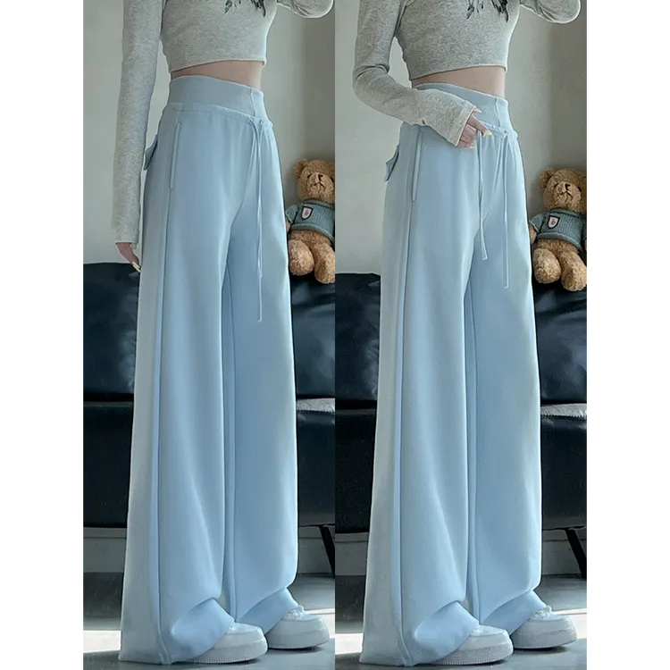 奶蓝色美式运动裤女春2025新款高腰垂感直筒休闲露露同款阔腿卫裤