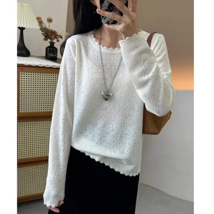 法式气质小香风花边圆领内搭女宽松钩花显瘦早秋长袖针织衫打底衫
