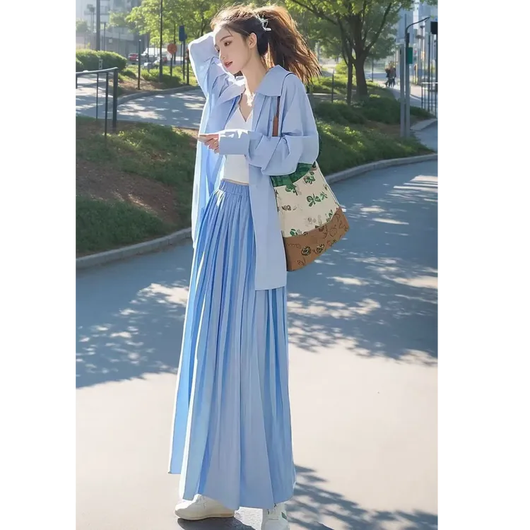 2025春装多巴胺穿搭初恋清纯奶甜蓝色衬衫半身裙套装女休闲慵懒风