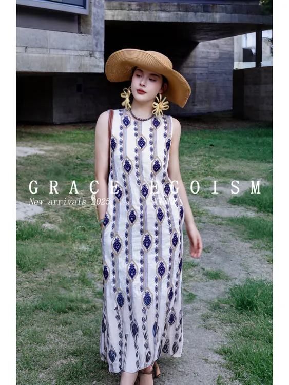 金禾【珐琅吟】折扣夏款原创亚麻重工立体刺绣气质连衣裙3497