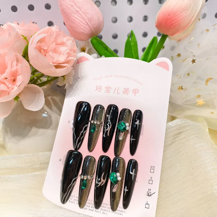 纯手工复古朋克风气质长款爆闪猫眼穿戴甲全手工穿戴甲