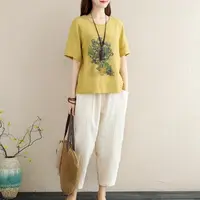 【清货+运费险】棉麻印花上衣哈伦裤显瘦套装棉麻短袖T恤Y24549