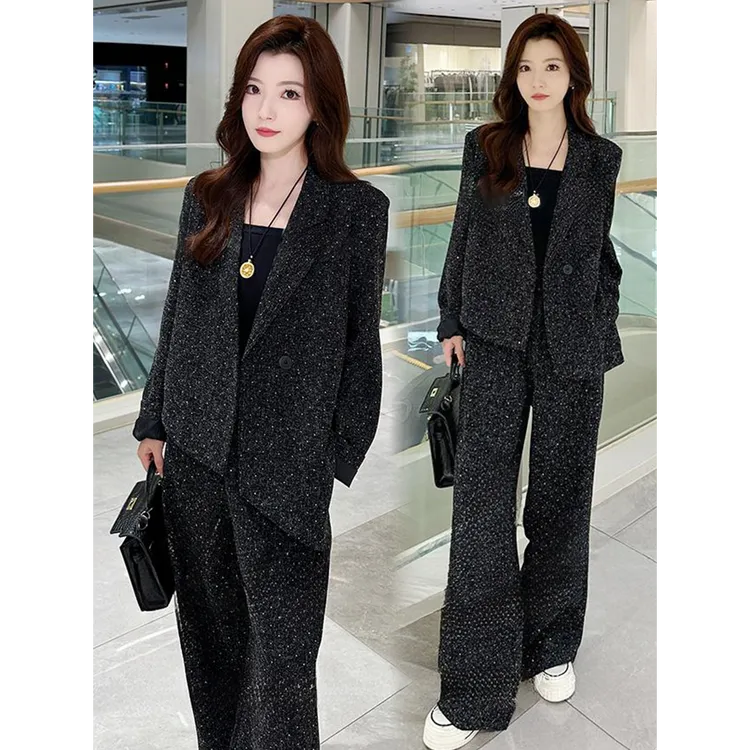 拉夏贝尔高级感时尚套装女秋季新款V领烫钻显瘦外套阔腿裤两件套