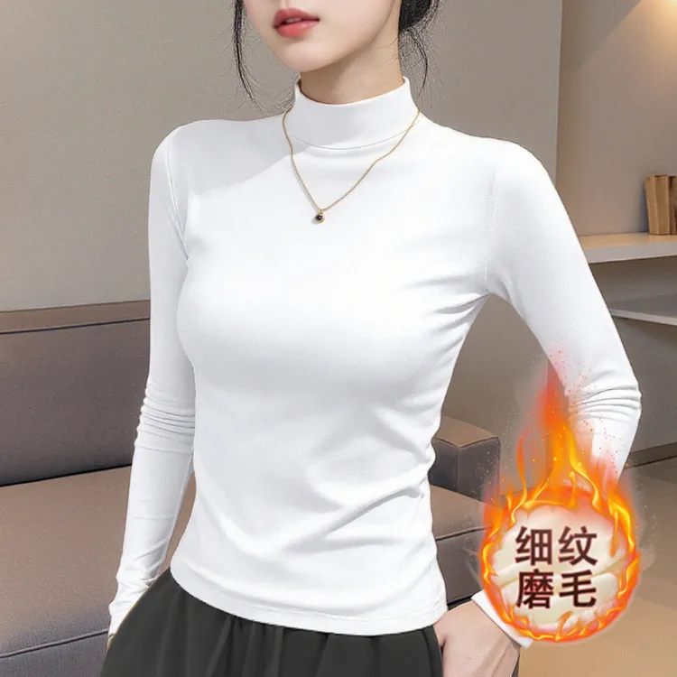 白色半高领打底衫女长袖修身内搭秋冬2025新款加绒保暖磨毛上衣服