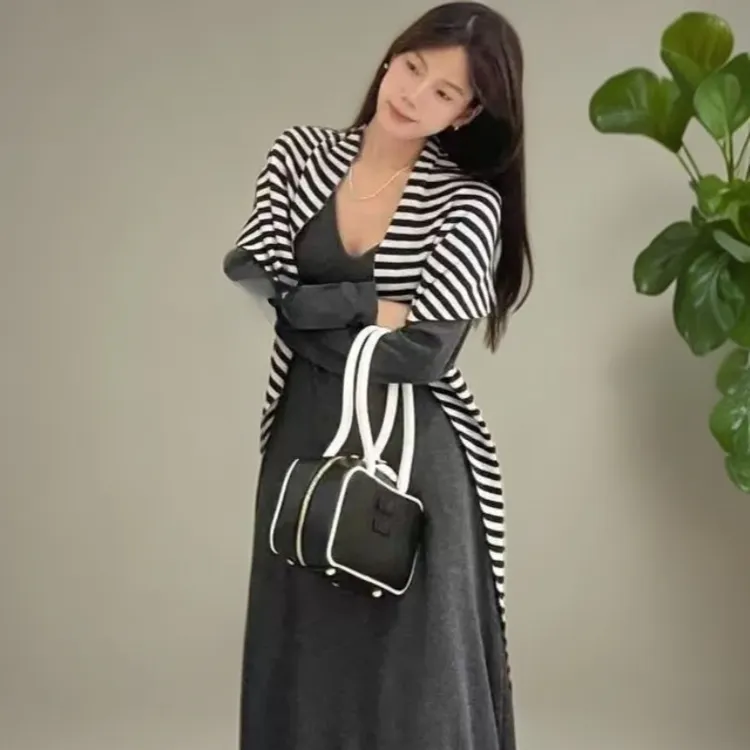 沈阳五爱C位条纹开衫垂感修身显瘦背心长裙慵懒后开叉连衣裙套装