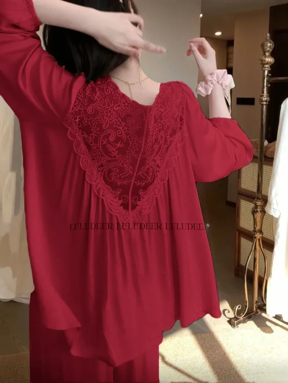 睡衣女款爆款2025新款纯棉春秋新娘红色酒红本命年大码家居服套装