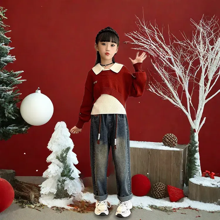 时尚洋气中大童韩版时髦衬衫2025年新款女童秋冬季内搭毛衣两件套