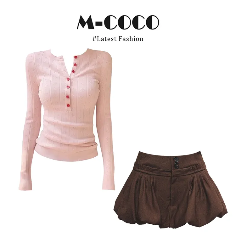 MARIE.COCO韩系甜辣风粉色奶呼呼软糯半开领针织毛衣咖色短裙套装