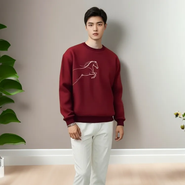仓石一树潮牌酒红色圆领卫衣男士2025新款纯棉宽松马年本命年衣服