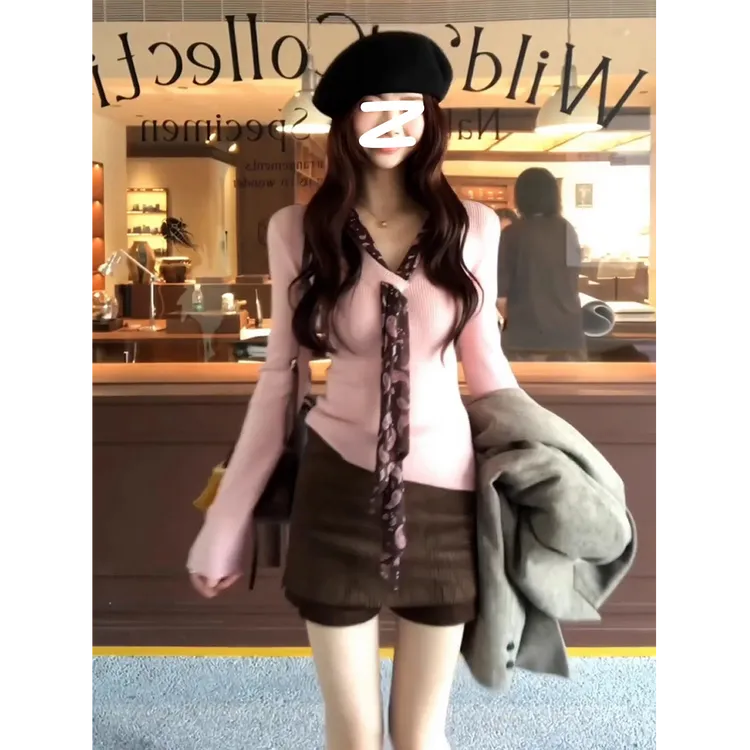 【朱颜粉面】新款韩系设计感v领针织毛衣秋冬修身内搭打底长袖上衣