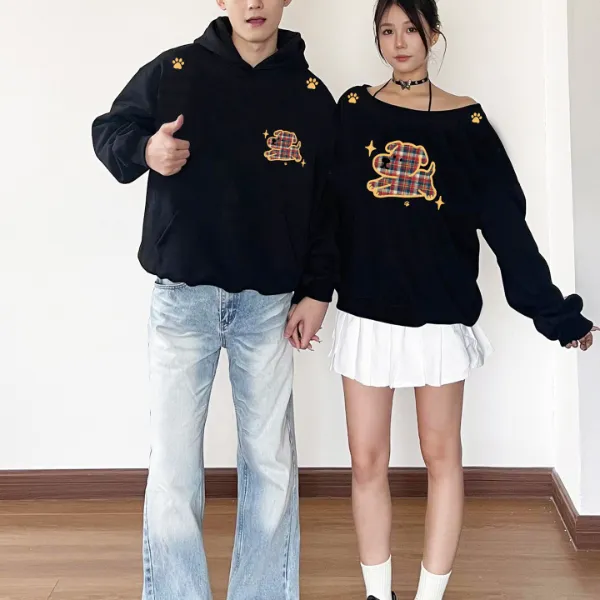 情侣装卫衣秋冬季新款一男一女斜肩纯棉卫衣宽松韩版潮流情侣卫衣