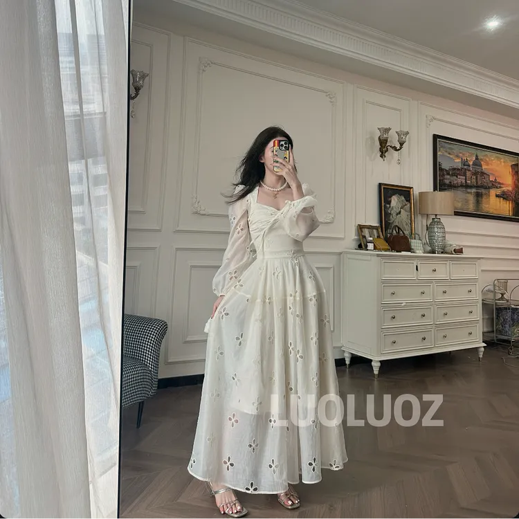 【现货】LUOLUOZ【流光璃梦】全棉网纱拼接收腰女神范长款连衣裙CC069