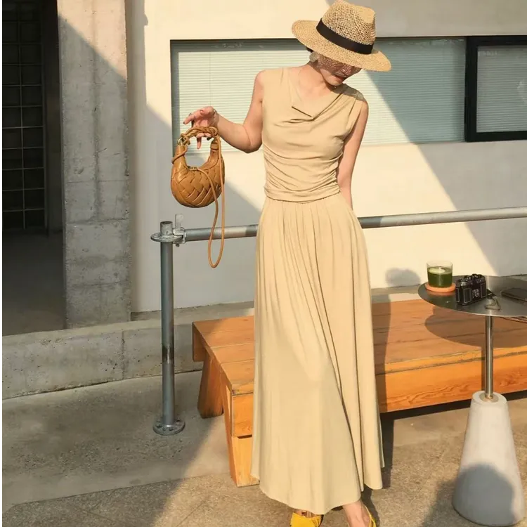休闲套装气质荡领短袖修身T恤上衣女夏季高腰半身裙长裙子两件套
