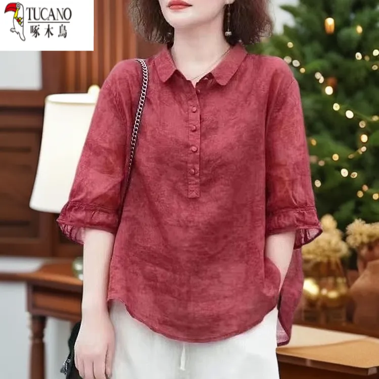 啄木鸟中老年新款提花翻领衬衫洋气复古女士中袖衬衣显瘦遮肉薄款