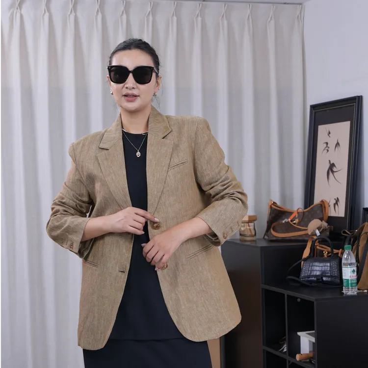 简约通勤韩版宽松型西装修身设计感亚麻西装外套百搭时尚韩版0888