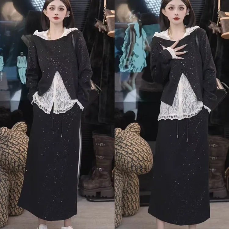 【董董专属】新款春季慵懒穿搭套装女蕾丝连帽背心蕾丝套装三件套