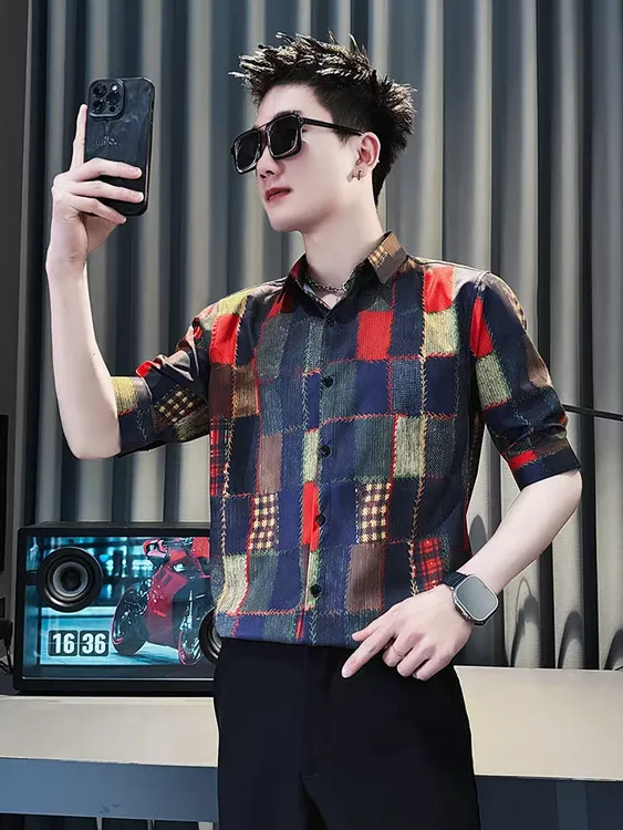 格子撞色七分袖衬衫男夏季痞帅修身百搭2026新款潮流休闲冰丝衬衣