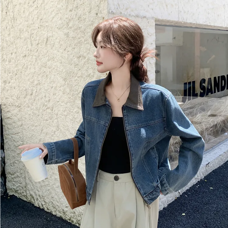 宽松休闲撞色翻领牛仔短外套女春秋2025新款小个子夹克爆款巨好看