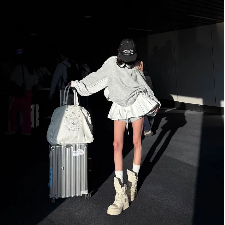 美式复古长袖卫衣T恤女2025早秋新款街头辣妹拼接百褶半身短裙子