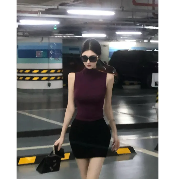 纯欲辣妹紫色无袖背心性感上衣女低腰黑色包臀短裙两件套装夏季