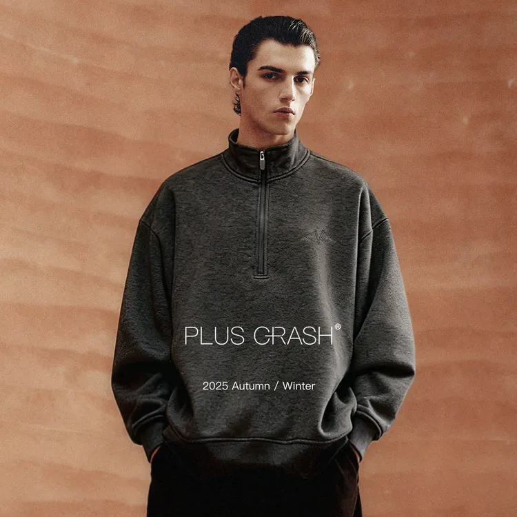PLUS CRASH老钱风冬季新款翻领半开襟拉链带领卫衣男女同款上衣