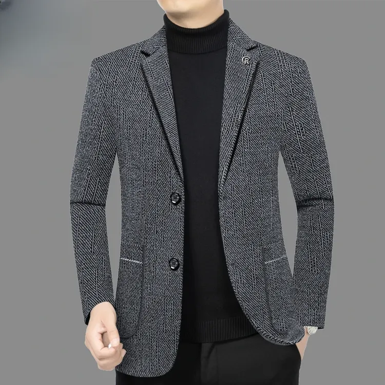 中年男士休闲西服外套春秋韩版修身款爸爸装商务毛呢西装上衣秋季