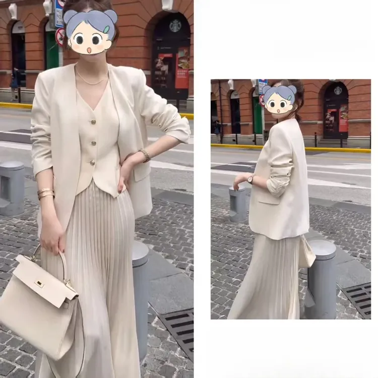 2025年春季新款韩系设计感无领西装外套内搭马甲半身裙三件套装女